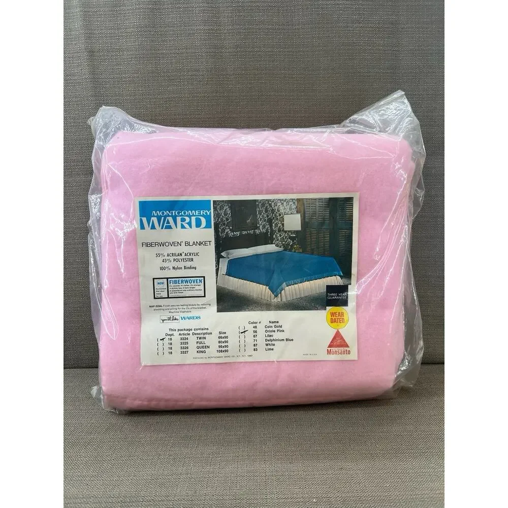 Vintage Montgomery Ward Pink Acrylic Blanket Twin NOS 1970s Fiberwoven
